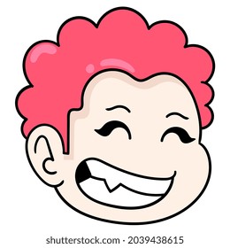 red curly haired boy head is laughing, vector illustration carton emoticon. doodle icon drawing