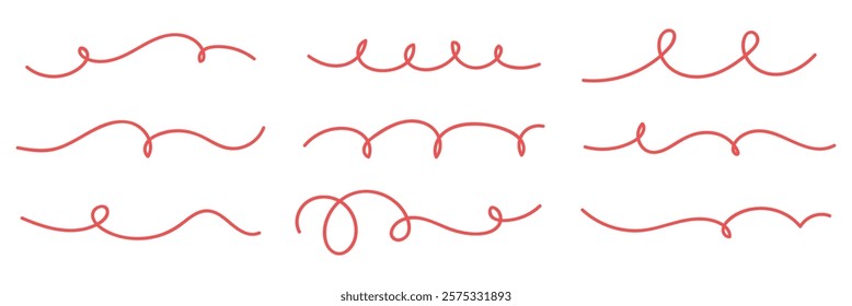 Red curly lines in various patterns. Curly lines create playful designs. Use curly lines for creative borders and accents. Doodle illustrations, vector set.