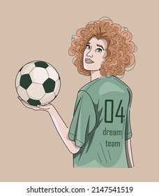 Red curly pop art girl holding a football. Number four in her football, soccer team. Comics, cartoon style with black solid outline.