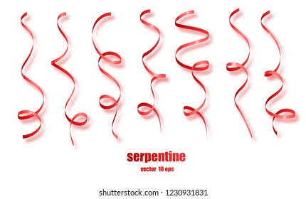 Red curly ribbon serpentine confetti. Red streamers set on transparent background. Colorful design decoration party, holiday event, carnival, Christmas, New Year greeting. Vector illustration