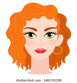 Red curly-haired woman with green eyes. Girl's head for woman face constructor. Cartoon vector style. Character. Vector.
