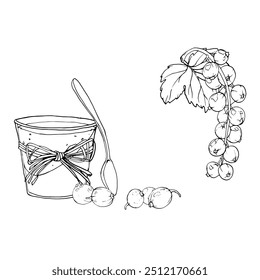 Red currant berries isolated on white background. Hand drawn vector botanical illustration. Clip art berry branches sketch. Summer fruit engraved style illustration