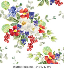 Red currant berries, peony, rose, nasturtium flowers, pansies, green leaves, white background. Vector floral illustration. Seamless pattern. Summer bouquets. Botanical design