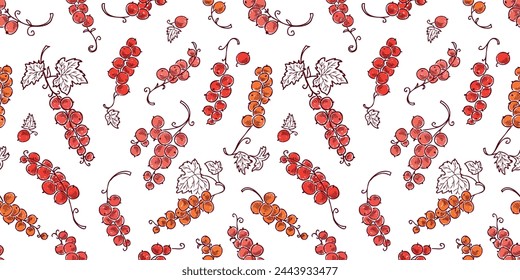 Red currant berries ripe twigs bunches, outline, hand drawn, seamless pattern vector, white background, wallpaper,paper,textile,fabric