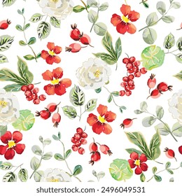 Bayas de grosella roja, escaramujos, rosas, flores de nasturtium, hojas verdes, fondo blanco. Vector ilustración floral. Patrón sin fisuras. Plantas de verano. Diseño botánico