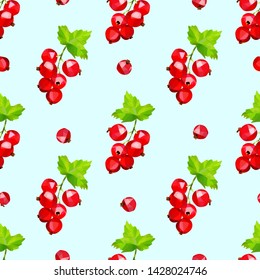 Red currant berries seamless pattern on light blue background