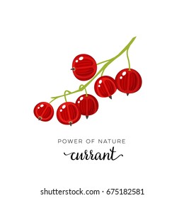 Red currant berry flat icon with inscription colorful vector illustration of eco food isolated on white. 