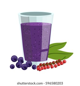 Red Currant And Blueberry Smoothie, Non-Alcoholic Fresh Cocktail In A Glass And The Ingredients For It Vector Illustration