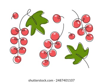 Red Currant branch set. Abstract Cute one line drawn food illustration. Summer Healthy vitamin vegan Berry fruit. Ingredient for juice, syrup, smoothie, jam