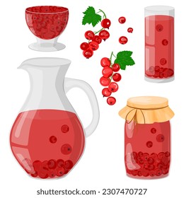 Red currant compote in a glass decanter, glass, jar. Drinking from homemade fruits. Homemade jam or jelly in a glass bowl. The concept of healthy eating. Vector illustration in a flat style.