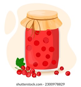 Red currant compote, jam or jelly in a glass jar. Canned fruit. Berries for a healthy summer drink. Conservation for future use. Vector illustration for menu, packaging design in flat style.