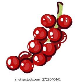 Ícone de fruta de groselha vermelha com bagas brilhantes na haste, groselhas frescas maduras em formas simples e planas. Ilustração de alimentos para cardápio, embalagem, marca de supermercado e produtos orgânicos. Ilustração de vetor de desenhos animados.