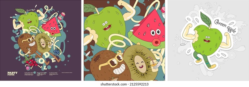 Red currant, green apple, watermelon, kiwi. Fruit Mix.  Set of vector illustrations. Doodle style. Painted, colorful fruit with outlining. Sticker, poster , background image for label.