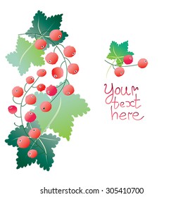 Red currant - grunge paint red currant. Watercolor vertical page design.Berry and leafs ornament. Hand drawn cute border with red berries. Isolated on white.