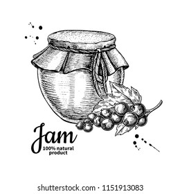 Red currant  jam glass jar vector drawing.  Fruit Jelly and marmalade.  Hand drawn food illustration. Sketch style vintage objects for label, icon, packaging design.