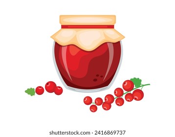 Red currant jam in glass jar and fresh berries vector illustration. Glass of red currant marmalade design element. Red currant jam jar icon set isolated on a white background