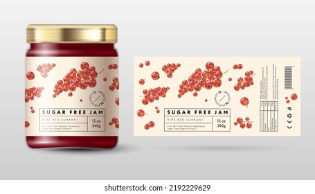 Red currant jam. Jam for a healthy diet sugar free. Ripe berries and frames with text on a light- pink background.