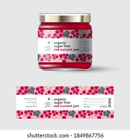 Red Currant Jam label and packaging. Jar with cap with label. White strip with text and on seamless pattern with berries, flowers and leaves.