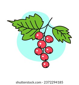 Red currant with leaves. Bunch of fresh berries. Sweet delicious dessert. Jam ingredient. Outline vector illustration isolated on white background