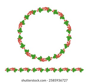 Red currant round frame and border isolated on a white background. Red berries and green leaves in the flat style. The center of the frame is free for your inscription. Templates for decor.