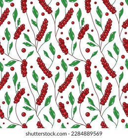 Red currant. Seamless pattern with the image of currant berries with green leaves. Berry pattern for print and packaging. Vector