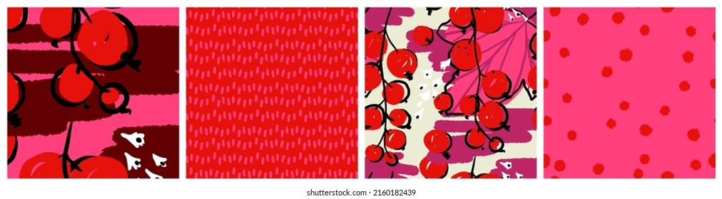 Conjunto de patrones sin costura de la corriente roja. Impresión textil de vectores de bayas abstractas coloridas en colores rojo y rosa. Diseño a mano de moda para el fondo del embalaje de productos o tela de moda de verano.