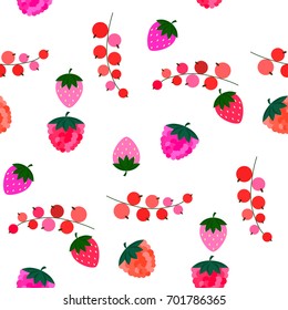 Red currant, strawberry and raspberry seamless pattern. Simply flat pattern in a primitive style. Vector illustration EPS 8