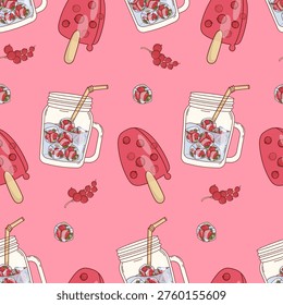 Red Currant Summer Dessert Seamless Pattern. Refreshing Mason Jars, Berry Ice Cubes and Popsicles with Branches Berries on Pink Background. Cold Treats Wrapping Paper Design. Vector Illustration.