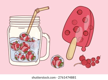 Red Currant Summer Dessert Set. Mason Jar with Berry Drink Ice Cubes and Popsicle. Eco Natural Fruit Treats. Isolated Vector Illustration