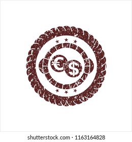 Red currency exchange icon inside distress rubber grunge texture seal