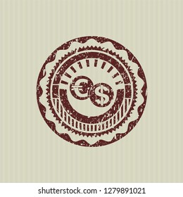 Red currency exchange icon inside distress rubber grunge texture stamp