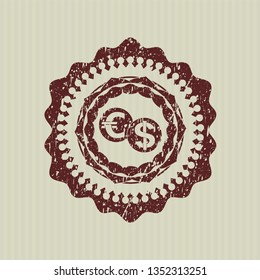 Red currency exchange icon inside distress rubber grunge stamp