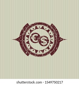 Red currency exchange icon inside grunge style stamp