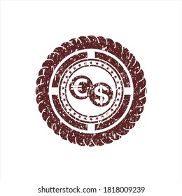 Red currency exchange icon inside distressed grunge style stamp. 