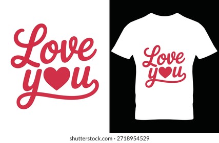 Red cursive love text with heart on plain tee, clean design for affection themes