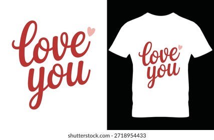 Texto cursivo rojo del amor en la camiseta blanca, diseño romántico minimalista, vista plana del juego.