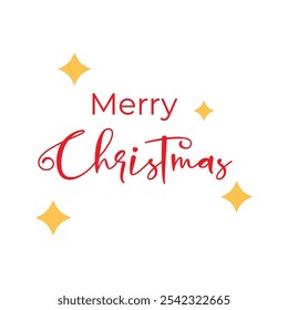 Red cursive writing Merry Christmas with yellow stars. 