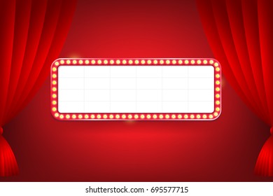 Red curtain backdrop with vintage electric bulbs billboard for text. Vector illustration.