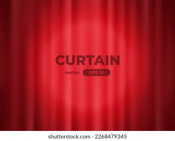 Red curtain background. Closed illuminated curtains. Opera or theatrical drapes. Simple cartoon design. Spotlight on stage. Scene with light of projector. Realistic template. Vector illustration eps10