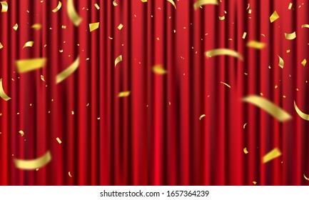 Red curtain background. Grand opening event design. confetti gold ribbons. luxury greeting rich card.