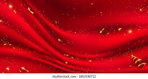 Red Curtain Background. Grand Opening Event Design. Confetti Gold Ribbons. Luxury Greeting Rich Card.