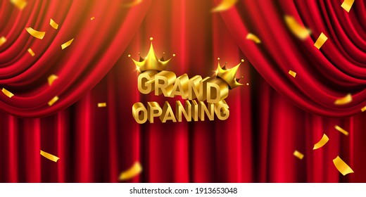 Red curtain background. Grand opening event design. confetti gold ribbons. luxury greeting rich card.