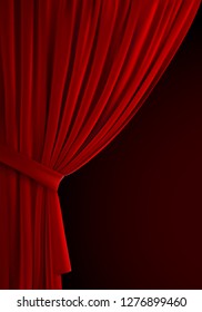 Red curtain background. Realistic vector illustration. Textile drapes. Folded velvet fabric. Decoration element for design. Theater, cinema or home interior object