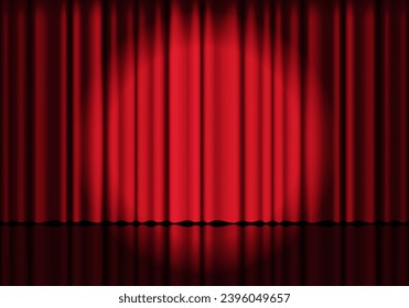 Red curtain background. Spotlight on stage curtain. Theatrical drapes. Wavy velvet background.