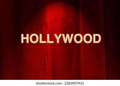 Red curtain with bulb lights, spotlight and Hollywood gold colored lettering. Illustration made April 2nd, 2023, Zurich, Switzerland.