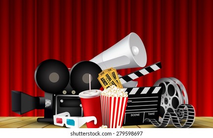 Red curtain cinema films and popcorn on the stage 