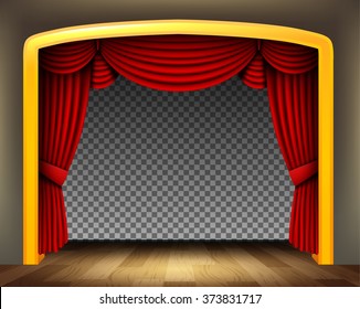 Red curtain of classical theater with wood floor on transparent background