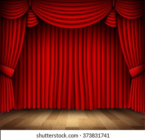 Red curtain of classical theater with wood floor