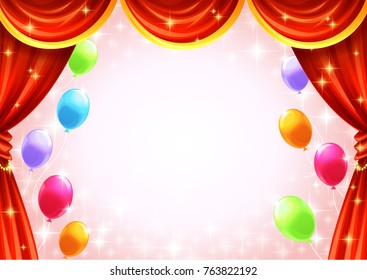 Red curtain and colorful balloon border and glittering, Vector illustration