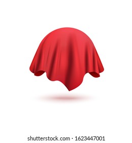 Red curtain cover of sphere object isolated on white background - realistic draped silk fabric covering round circle or ball hidden object floating in air - vector illustration.